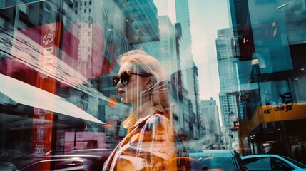 street photography of upscale woman, double exposure color, american city, new york futuristic vintage. generative AI - obrazy, fototapety, plakaty