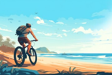 Fototapeta premium Illustration of a man cycling through the beach on a fat bike bicycle, lots of empty space Generative AI