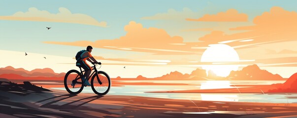 Obraz premium Illustration of a man cycling through the beach on a fat bike bicycle, lots of empty space Generative AI