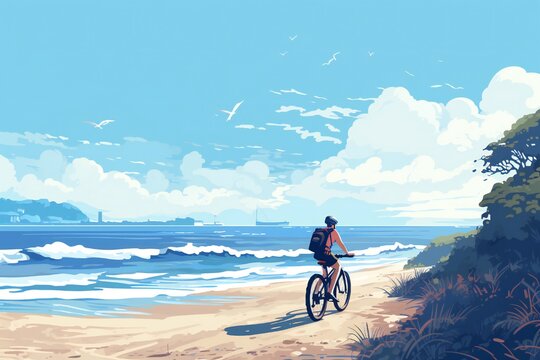 Illustration of a man cycling through the beach on a fat bike bicycle, lots of empty space Generative AI