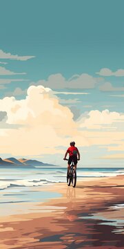 Illustration of a man cycling through the beach on a fat bike bicycle, lots of empty space Generative AI