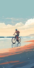 Fototapeta premium Illustration of a man cycling through the beach on a fat bike bicycle, lots of empty space Generative AI