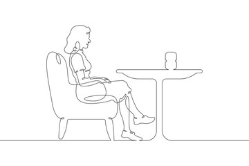 Fototapeta na wymiar Woman is sitting at a table. Girl talks to a smart speaker. Home automation. The user listens to a smart speaker. One continuous line drawing. Linear. Hand drawn, white background. One line.