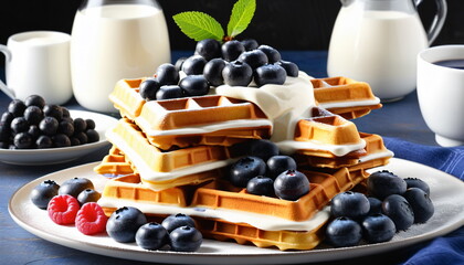 A Symphony of Taste: Waffles with Blueberries and Cream