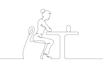 Woman is sitting at a table. Girl talks to a smart speaker. Home automation. The user listens to a smart speaker. One continuous line drawing. Linear. Hand drawn, white background. One line.