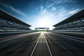 Foto op Canvas Formula One racing circuit road with motion blur, alongside a grandstand stadium, creates an electrifying atmosphere for F1 racing © Livinskiy
