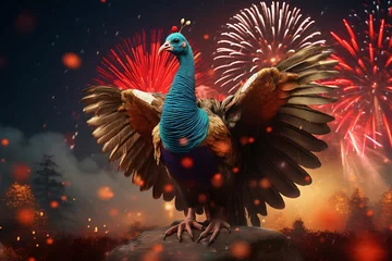 Foto op Plexiglas Vivid Plumage: Admiring the Beauty of a Colorful Turkey Display, Rainbow Gobbler: A Vibrant and Colorful Turkey in All Its Glory, Feathered Kaleidoscope: A Stunning Display of Color on a Majestic Turk © George Designpro