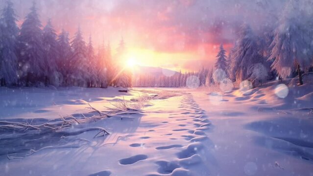 Fantastic landscapes that glow with sunlight. Dramatic winter scenery during sunset and snowfall. Seamless looping video background animation,cartoon style. Generated with AI