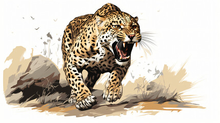 Vector sketch of an attacking spotted leopard