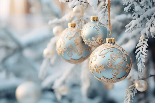 Christmas beautiful balls on a Christmas tree against a beautiful snow background. Photography in soft pastel blue shades. Christmas card.