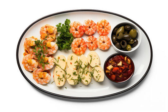 Assorted seafood appetizer, snack and cheese on a plate for buffet party. Isolated on transparent background, top view.