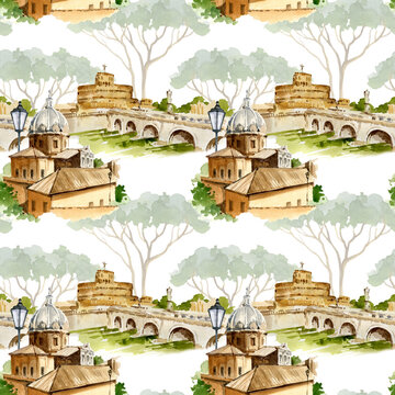 watercolor seamless pattern with old Italian houses and bridge, illustration of Rome, Italy, hand drawn panorama of town with pinya pine and old street lamp, isolated on white background