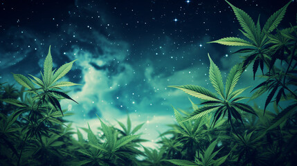 Fototapeta na wymiar Green cannabis plants on starry sky background