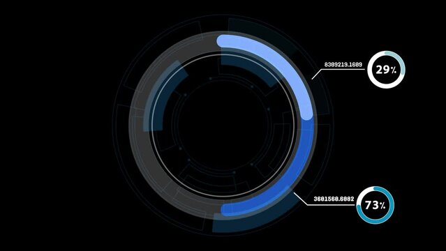 HUD hologram display screen shows data in circle and percentage format. Video graphics suitable for industrial design and technology businesses.