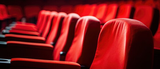 Fototapeta premium Empty cinema hall with red seats. Movie theatre