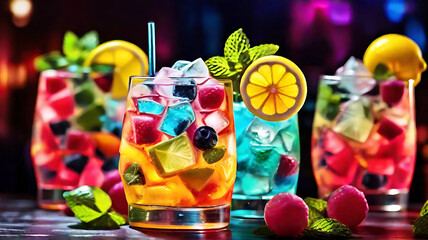 Refreshment multicolor fruit cocktail with ice, lemon and mint in a bar, night club party with soft drinks