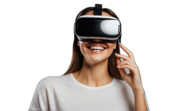 Smiling woman with a virtual reality headset isolated on a transparent background no background from Generative AI