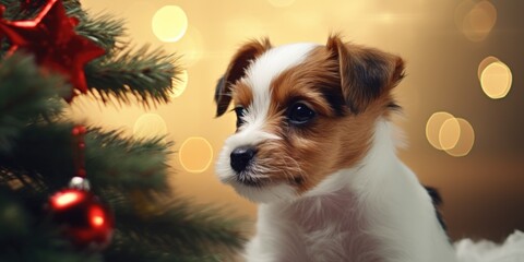 Banner with a puppy sitting near a Christmas tree