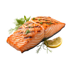 Salmon ,A perfectly grilled salmon fillet with grill marks isolated on transparent background