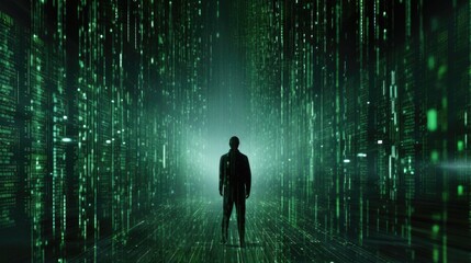 Man lost in computer code. Human against artificial intelligence. Personal data concept