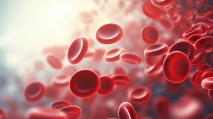 Fotobehang Red blood cells flow in human veins, medical background. Macro view of erythrocyte platelets © Pixel Pine