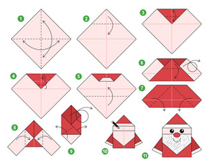 Santa Claus origami scheme tutorial moving model. Origami for kids. Step by step how to make a cute origami Santa Claus. Vector illustration.