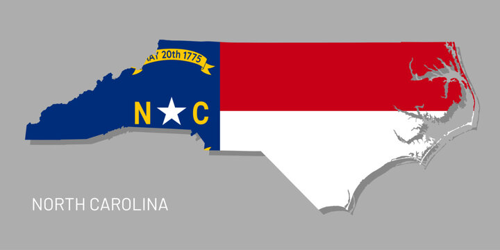 Map of North Carolina USA federal state with flag inside. Highly detailed map of North Carolina American state territory borders in federal flag colors realistic vector illustration