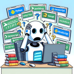 Clipart of a robot sitting at a desk, overwhelmed with open tabs on its computer screen, each labeled with different programming languages like Python.png Generative AI - obrazy, fototapety, plakaty