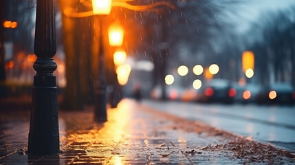 Cold rainy fall evening landscape. Lights of street lamps against the background of a blurred empty...