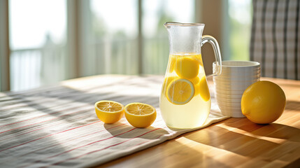 Glass carafe jug with lemonade and lemon slices against a bright sunny kitchen. Homemade classic lemonade, summer detox drink. 