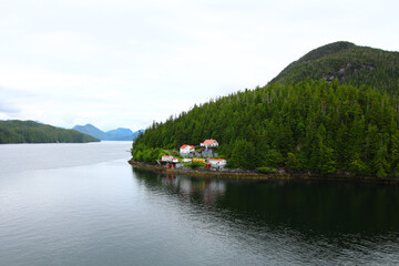 Fototapeta na wymiar Bluff Lighthouse is located near Klemtu on the scenic south end of Sarah Island in the Tolmie Channel on British Columbia's Inside Passage