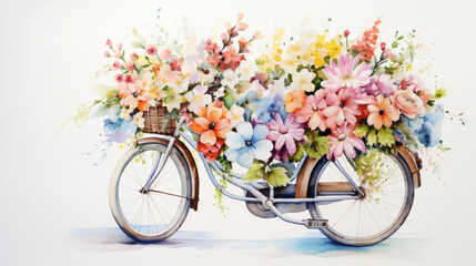 Watercolor painting of a bicycle full of flowers