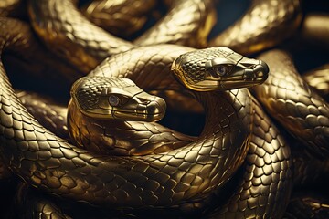 A close up of gold snakes on a black background - obrazy, fototapety, plakaty