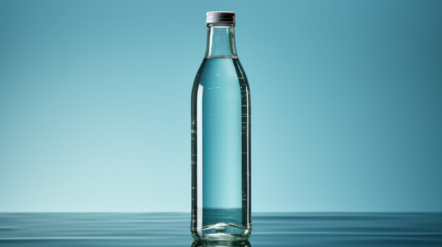 a bottle of water, without logo or name in front of bluish background. Generative AI