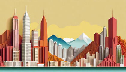 Modern city skyline with skyscapers an mountain background, origami, paper cut style, ai generated - 679062608