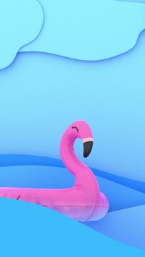 pink flamingo in the sea, inflatable toy, cartoon style, 3d render