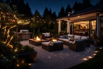 Summer evening on the patio of beautiful suburban house with lights in the garden garden, digital ai 