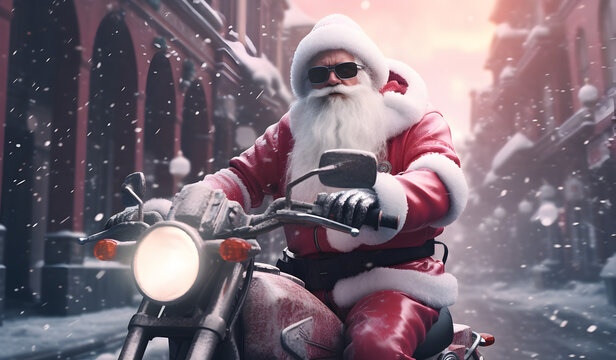 santa claus on a motorcycle, Santa's Joyride: St. Nick on a Festive Motorcycle, Santa Biker: Jolly Old St. Nick Hits the Road,  Season greetings concept. 