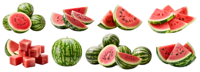 Watermelon watermelons, many angles and view side top front sliced halved bunch cut isolated on transparent background cutout, PNG file. Mockup template for artwork graphic design