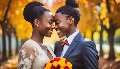 Wedding portrait of an African American young lesbian couple. - obrazy, fototapety, plakaty