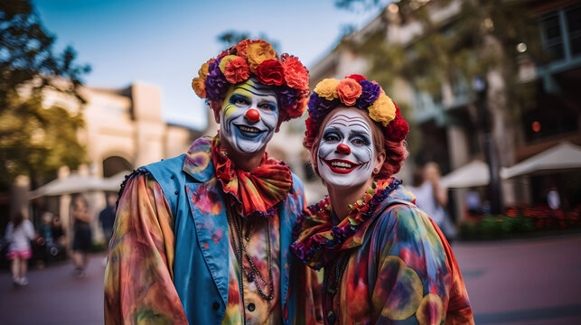 Funny clowns with red noses on the street