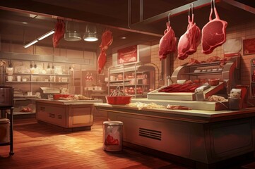 Meat butcher shop interior. Raw meat pork products in butchery market. Generate ai
