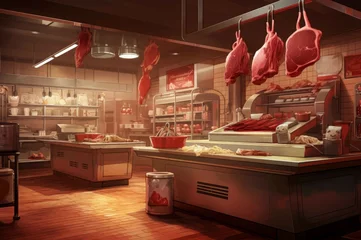 Fotobehang Meat butcher shop interior. Raw meat pork products in butchery market. Generate ai © nsit0108