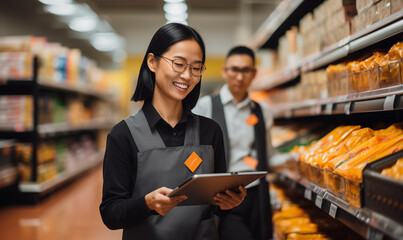 A candid portrait of a confident female manager. Intend to work in a supermarket The background is a supermarket atmosphere, Generative AI - obrazy, fototapety, plakaty