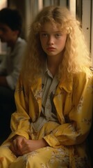 A woman sitting on a bench in a yellow robe