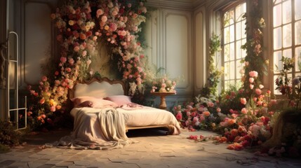 A bed in a room with lots of flowers - obrazy, fototapety, plakaty