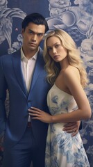 A man in a blue suit and a woman in a white dress