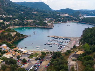 Fototapeta na wymiar Drone view of Palaiokastritsa port in Corfu, aerial.