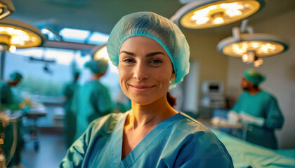Middle aged Caucasian confident female doctor smiling in surgical operating room.