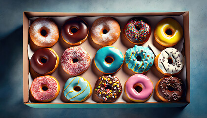 Fresh colorful assorted glazed donuts in a box. - obrazy, fototapety, plakaty
